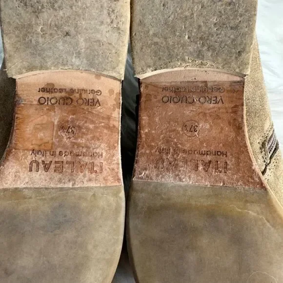 Italeau Miralda Handmade Italian Tan Suede Side Zip Booties Sz 37.5/US 7 - Picture 7 of 8